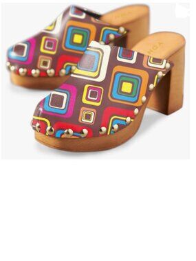 YDN Square Platform Slip On Clogs Mules Cork High Heel Round Toe Rivet Sandals